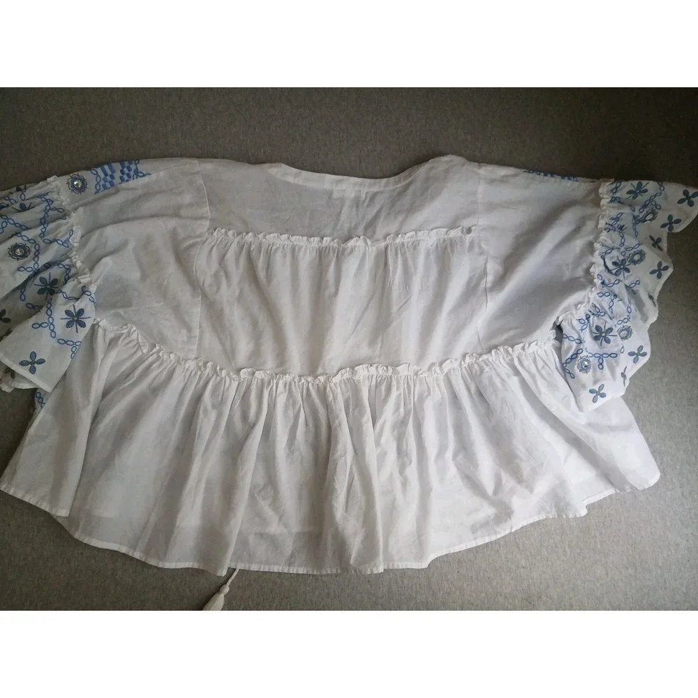 Pure Collection Top Small Embroidered Eyelet Peasant Cottage Boho Tasseled